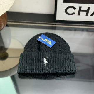 Ralph Lauren Hat Black Cable Knit Beanie with White Pony Embroidery