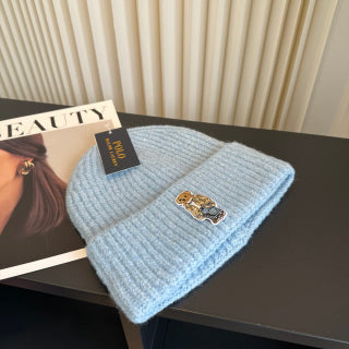 Ralph Lauren Hat Light Blue Ribbed Knit Beanie with Front Polo Bear Patch