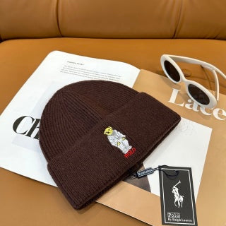 Ralph Lauren Hat Brown Ribbed Bear Patch Knit Beanie